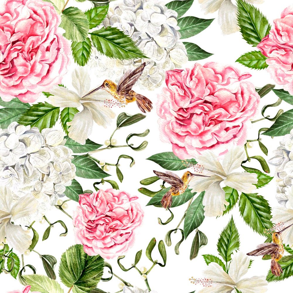 Watercolor Flowers and Hummingbird Fabric