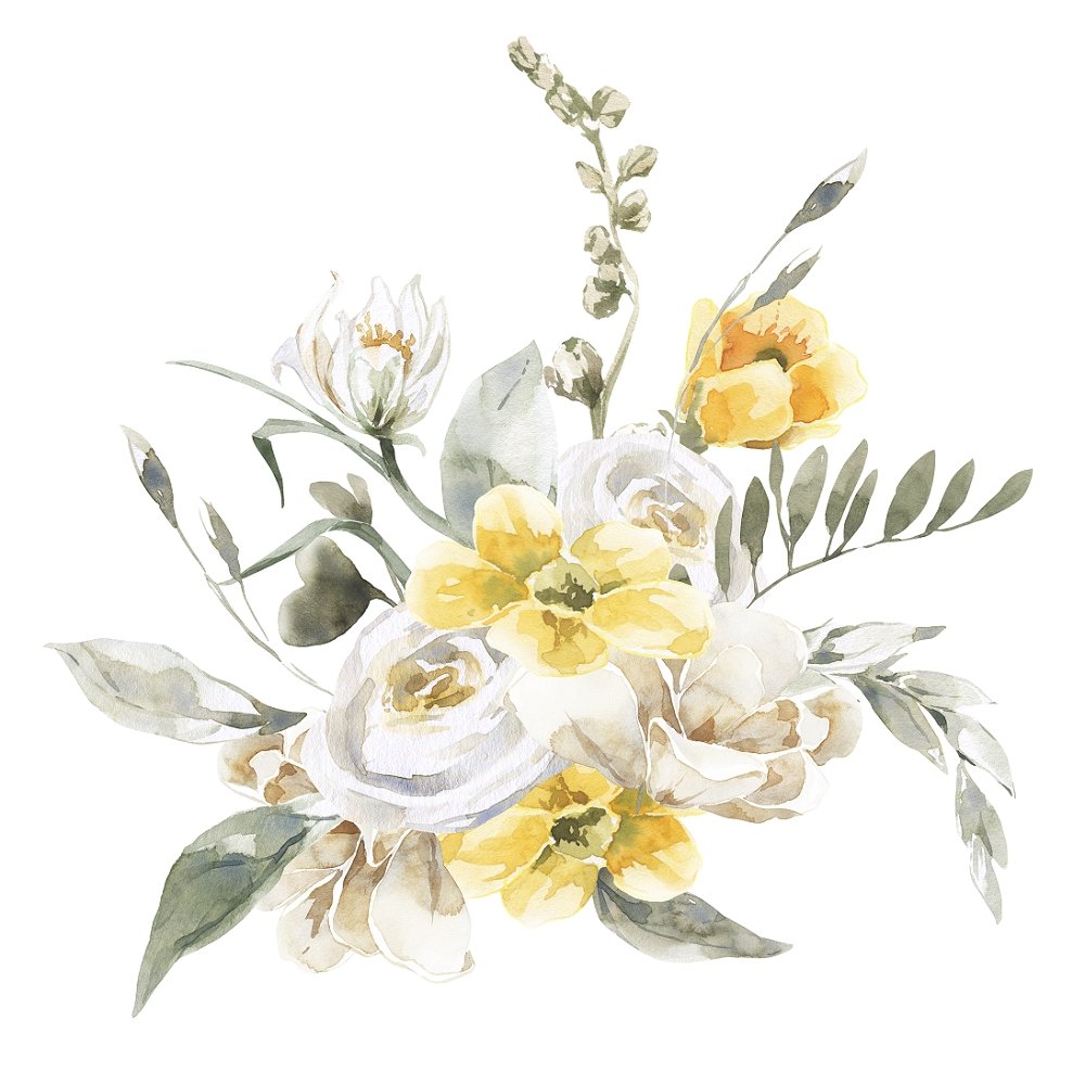 Watercolor Fluffy Animals Floral Bouquet Fabric Panel - Yellow