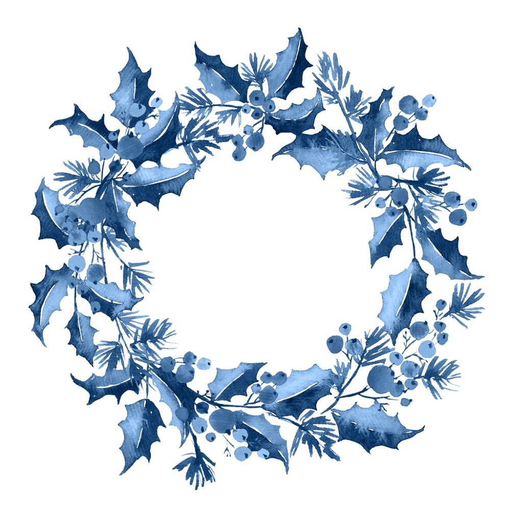 Watercolor Holly & Spruce Wreath Fabric Panel - Blue
