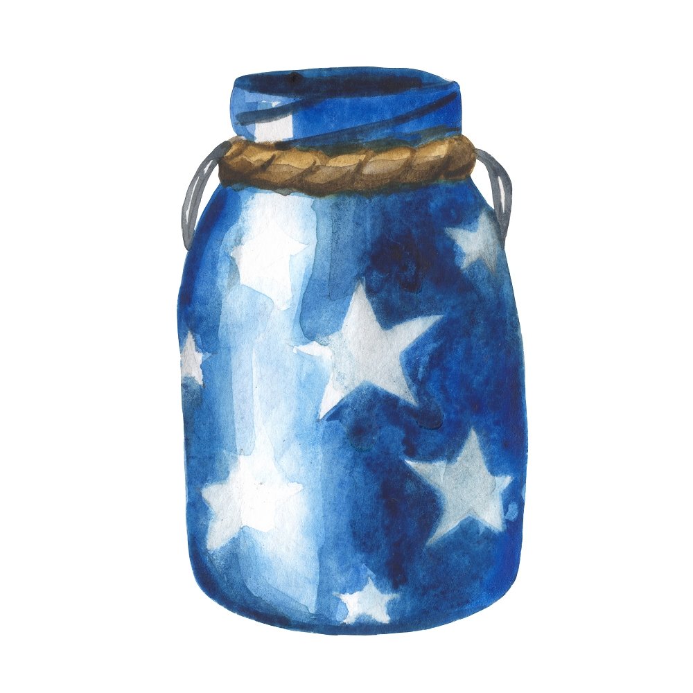 Watercolor Patriotic Stars Mason Jar Fabric Panel