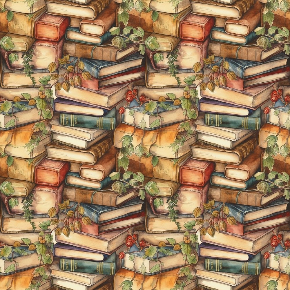 Whimsical Greenery & Stacked Books #3 Fabric