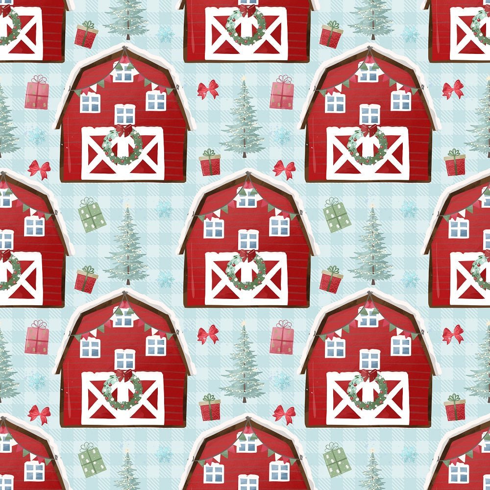 A Country Christmas Barn Fabric - Blue