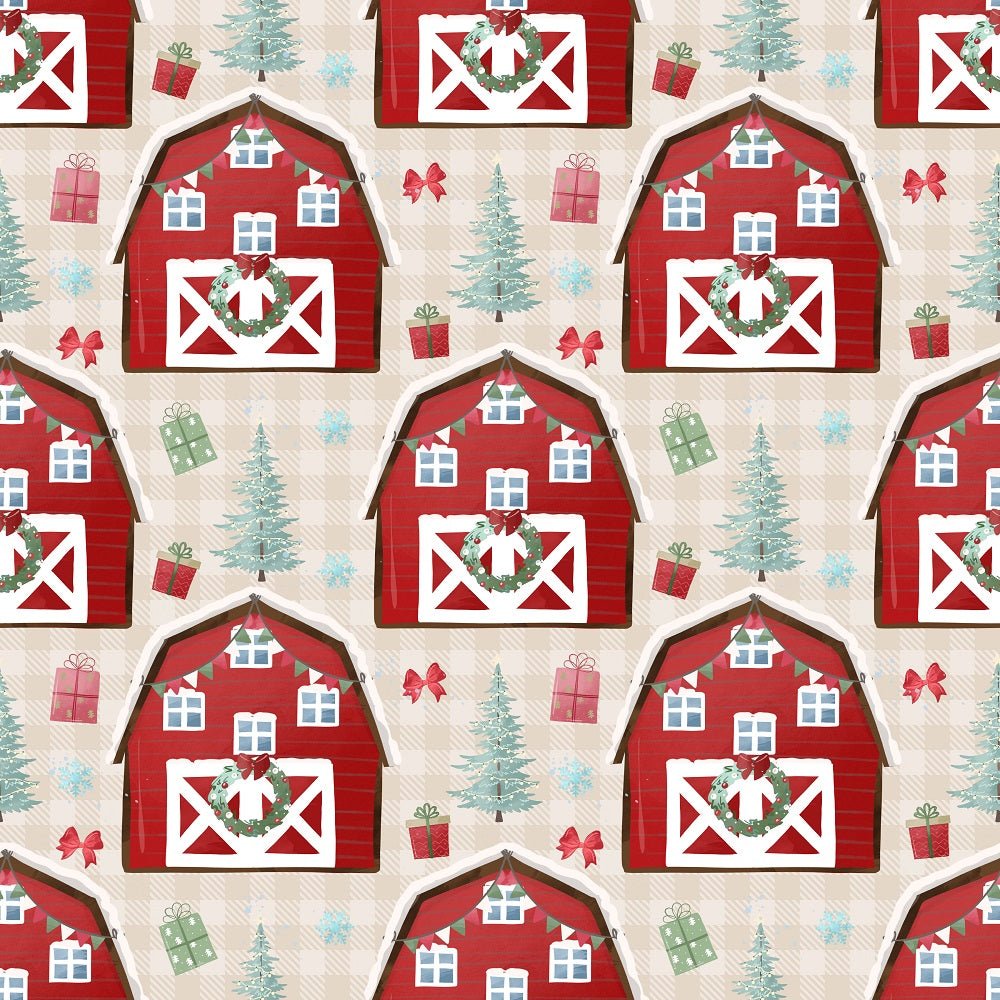 A Country Christmas Barn Fabric - Tan