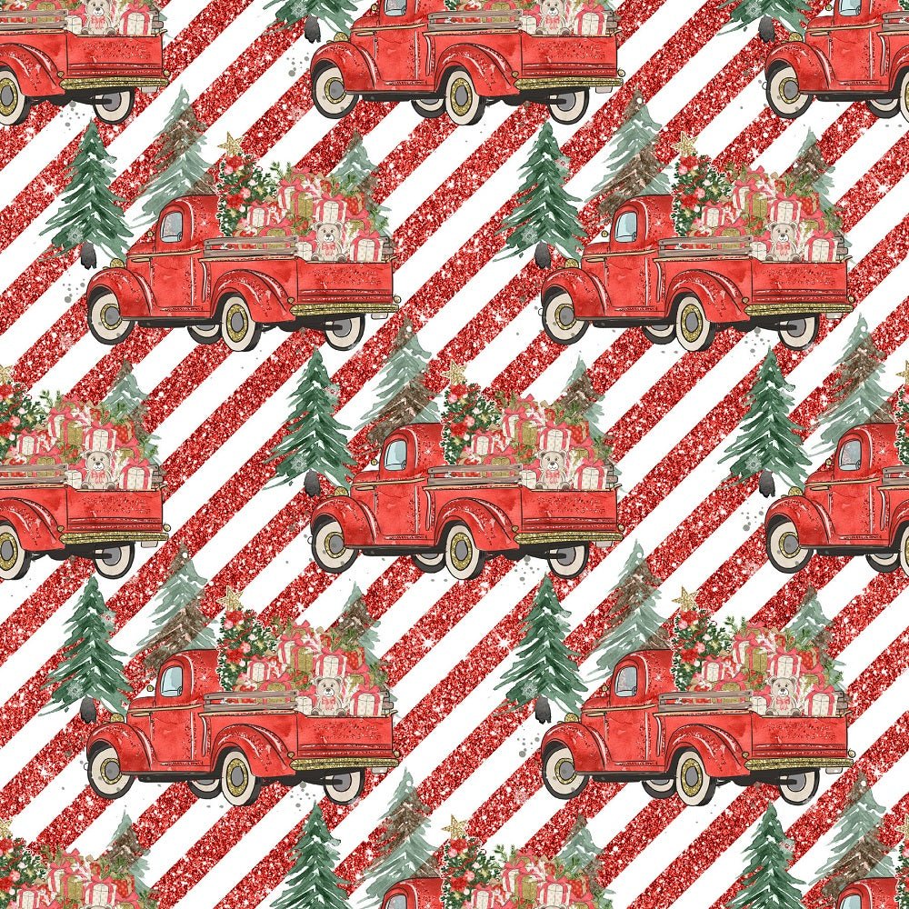Trucks & Trees Striped Fabric - Red