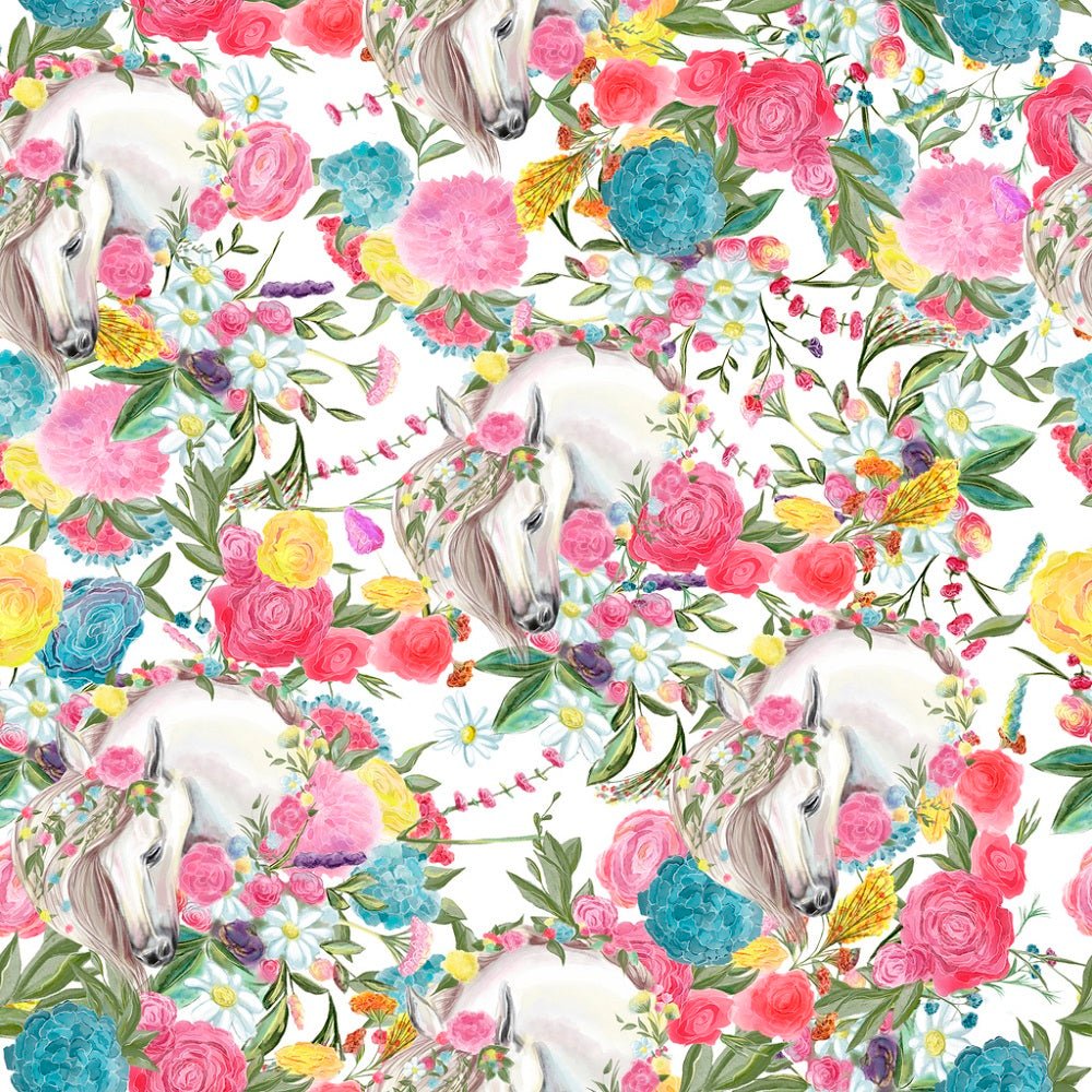 Vintage Floral Horses Pattern #5 Fabric - White