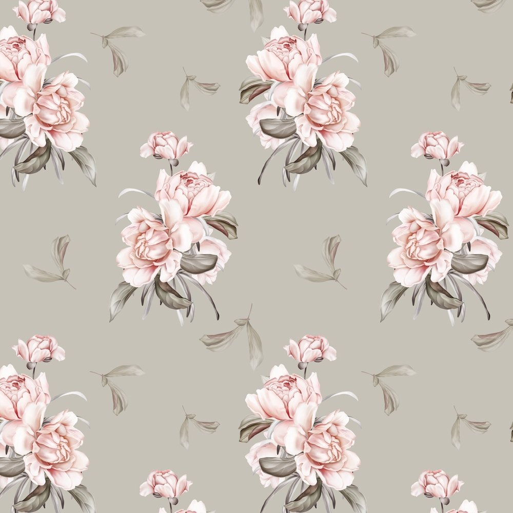 Vintage Peony Bouquets Fabric - Platinum Green