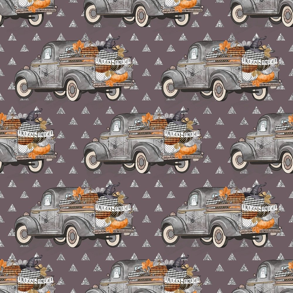 Vintage Trick or Treat Trucks on Purple Triangles Fabric