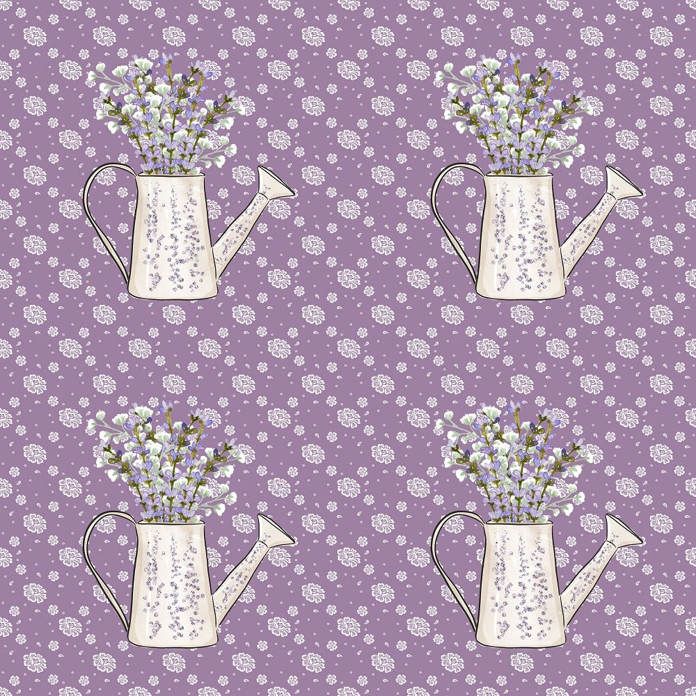 Watering Pot on Small Flowers Fabric - Purple