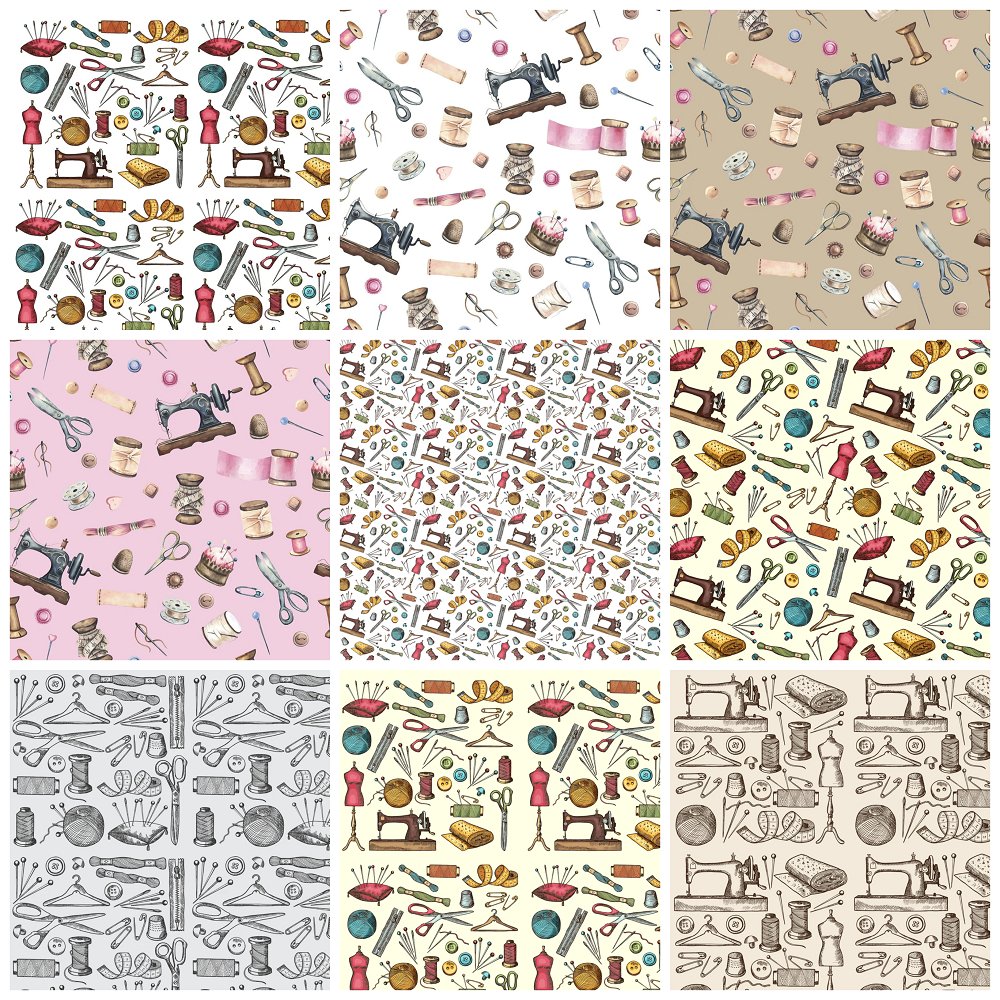 Vintage Sewing Machine & Notions Fat Quarter Bundle - 9 Pieces