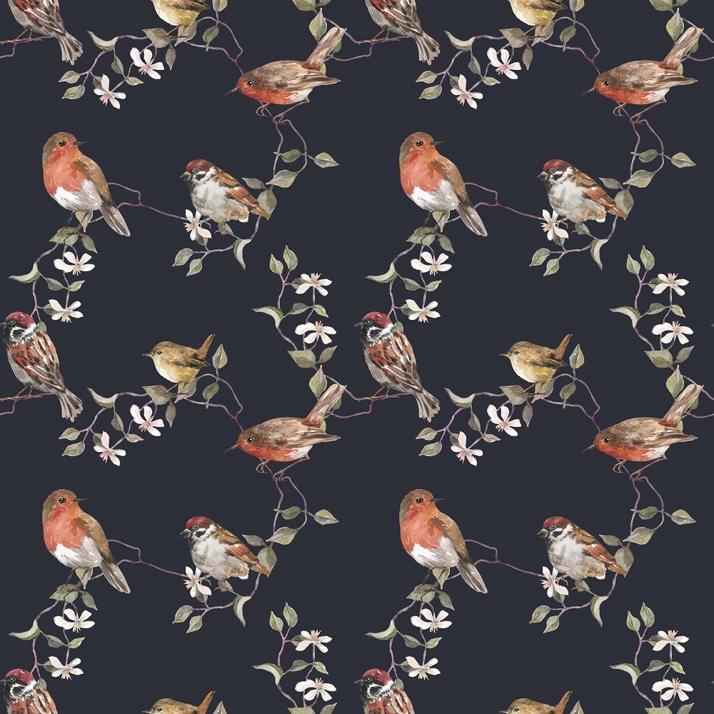 Watercolor Allover Birds Fabric - Navy