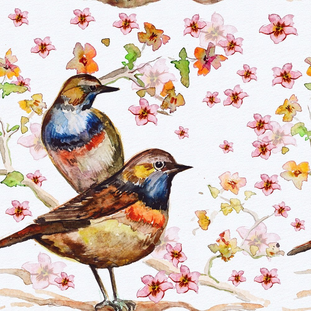 Watercolor Birds & Floral Fabric Panel