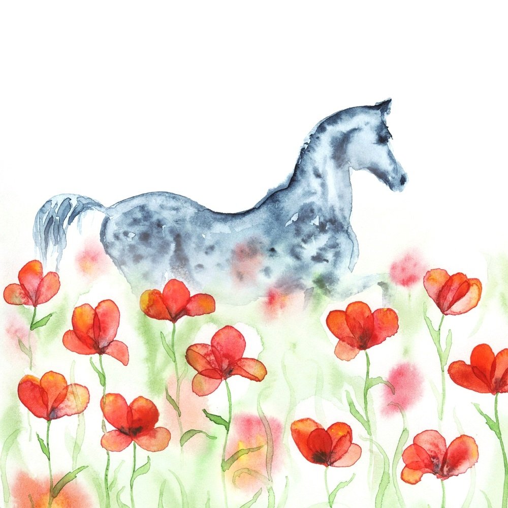 Watercolor Dapple Horse with Poppies Fabric Panel