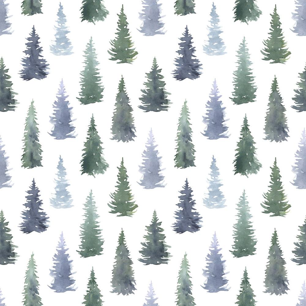 Watercolor Fir Trees Fabric - White