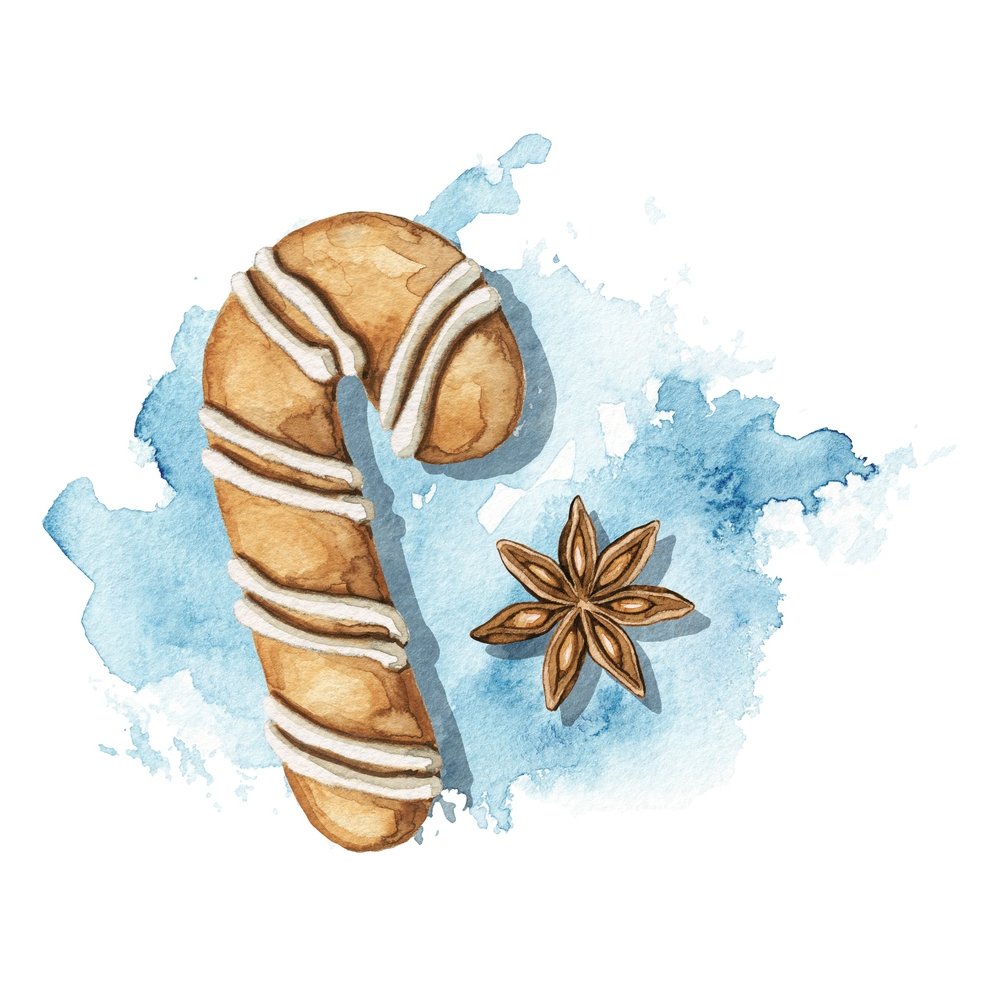 Watercolor Gingerbread Cane Fabric Panel