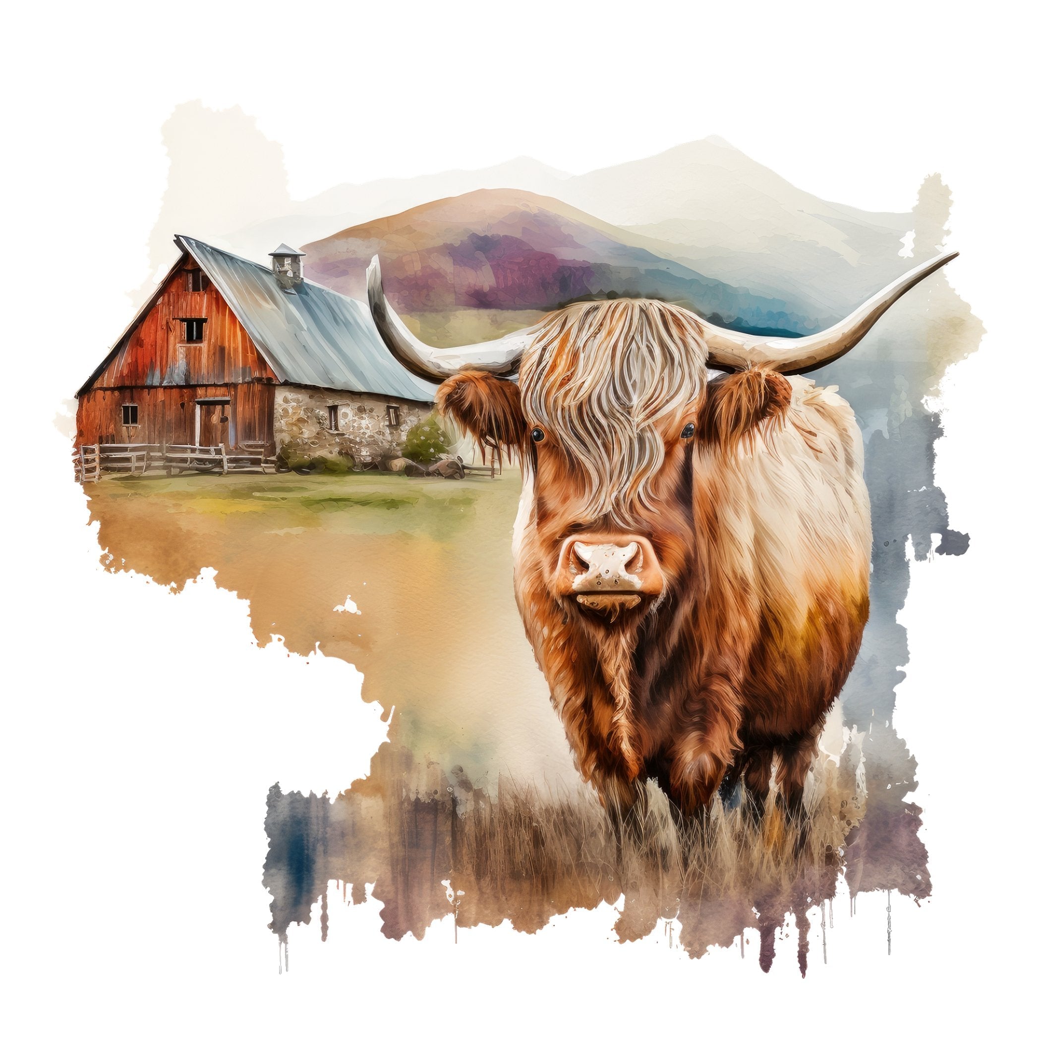 Watercolor Highland Cow Scene #1 Fabric Panel
