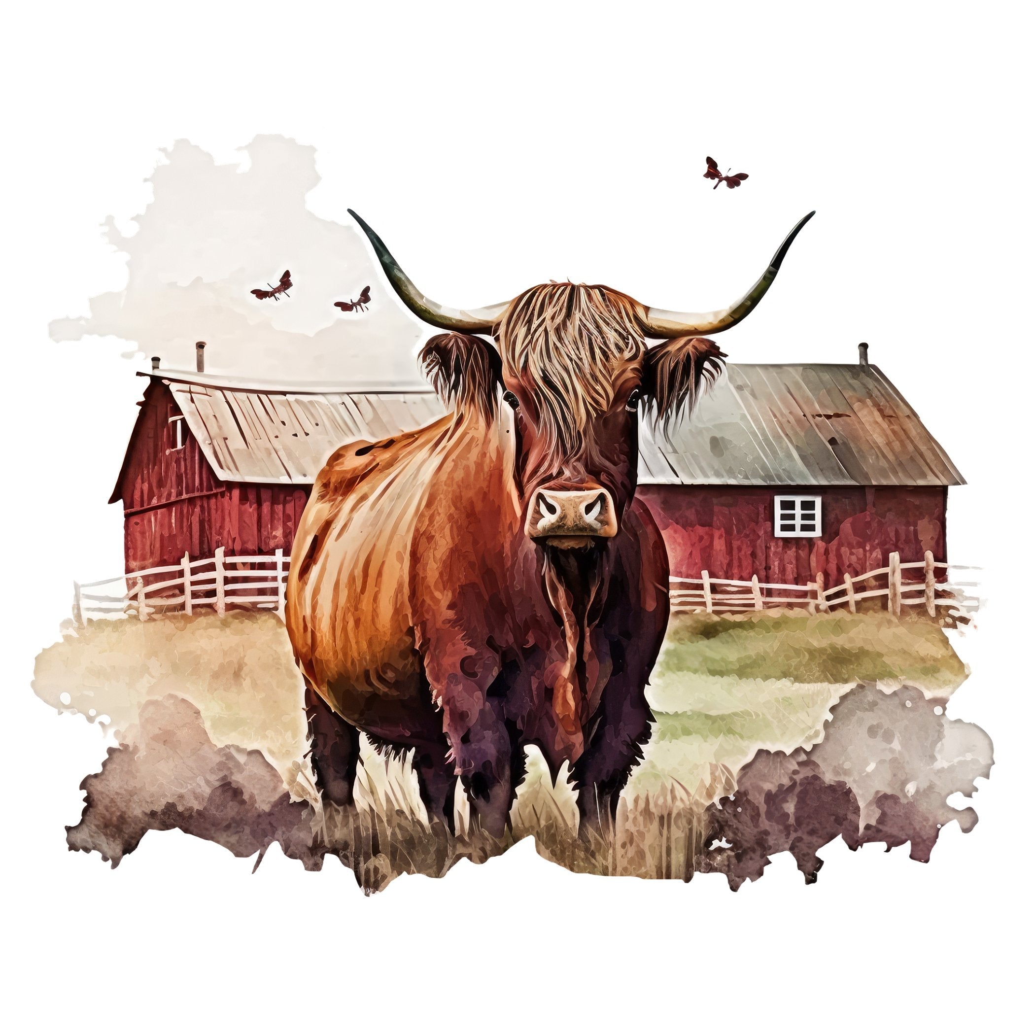 Watercolor Highland Cow Scene #5 Fabric Panel