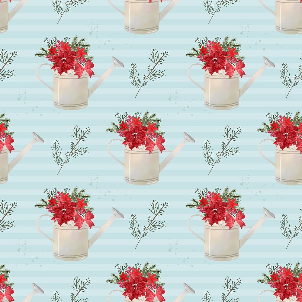 A Country Christmas Water Cans on Stripes Fabric - Blue