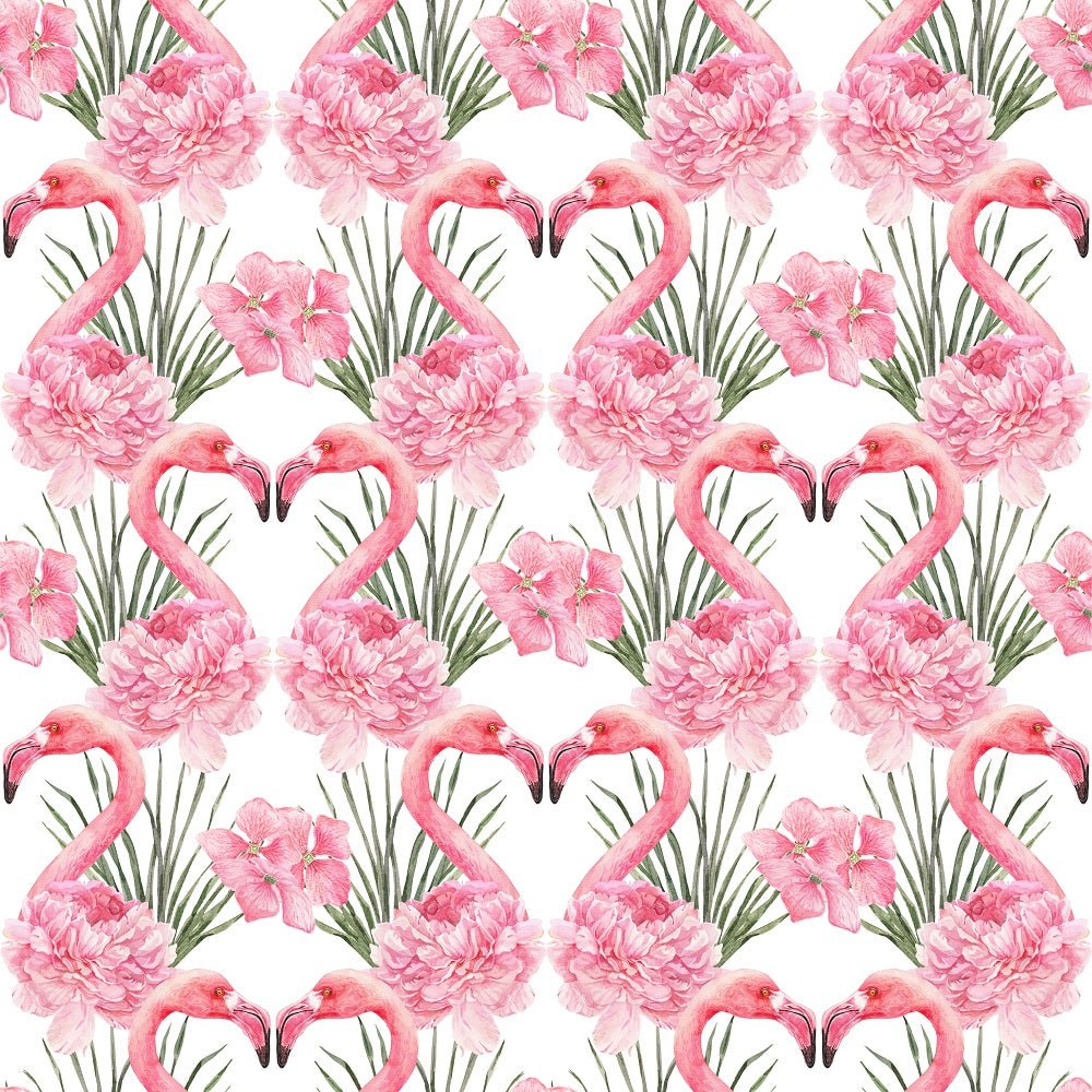 Tropical Love Flamingos, Leaves, and Flowers Fabric - White
