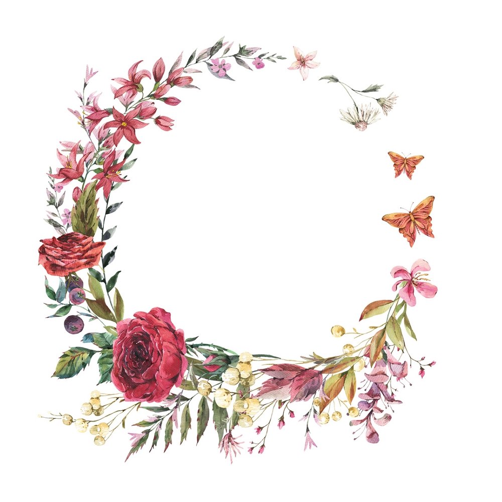 Vintage Burgundy Rose & Wildflower Wreath Fabric Panel