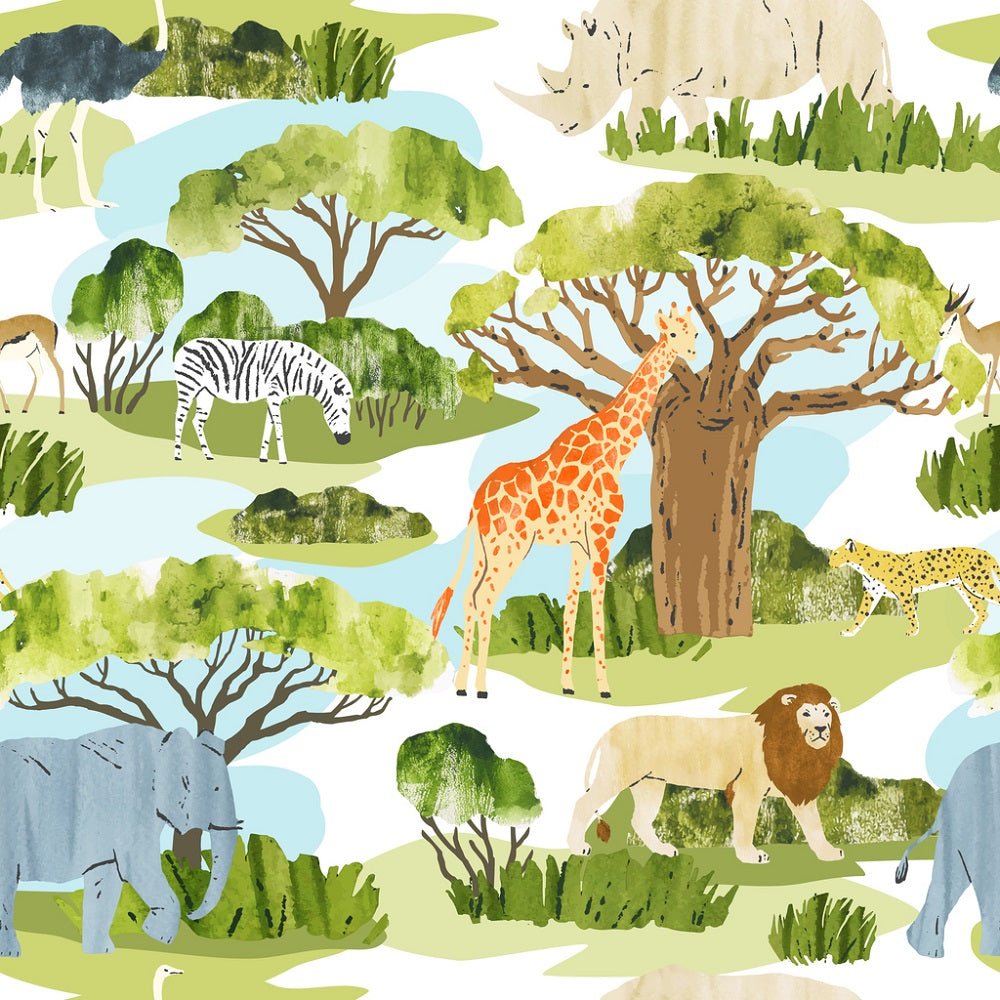 Watercolor African Animal Scenes Fabric