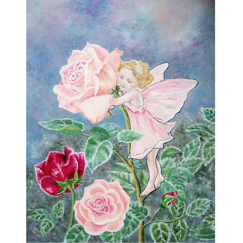 Watercolor Baby Fairy With Roses Fabric Panel