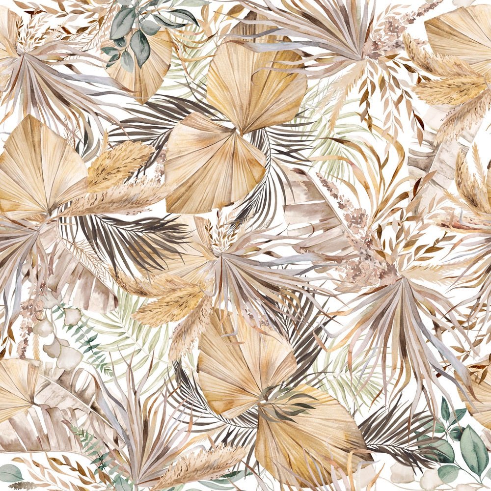 Watercolor Bohemian Dried Tropical Leaves Fabric - White
