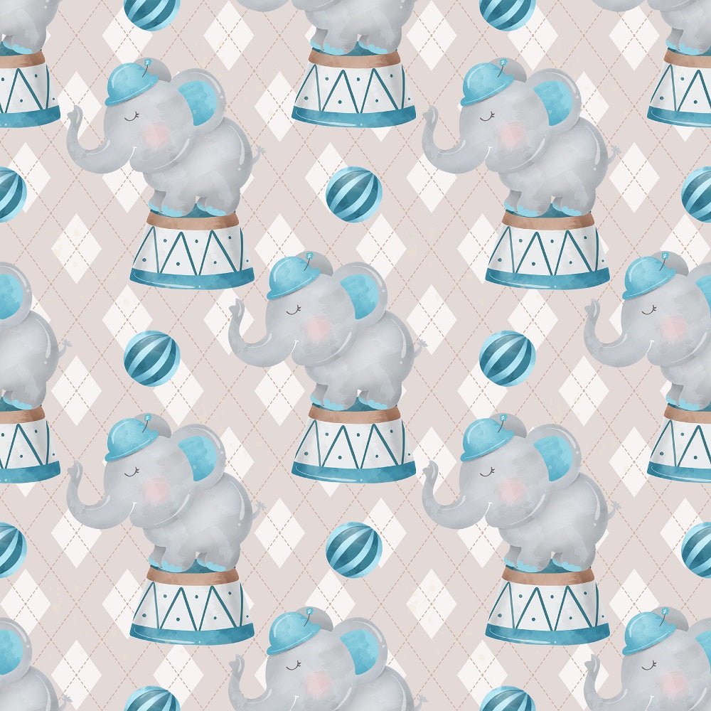 Watercolor Circus Elephant Checkered Fabric - Gray