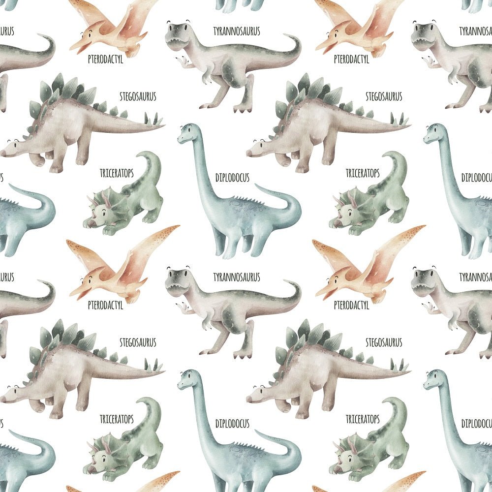 Watercolor Dinosaurs with Names Fabric