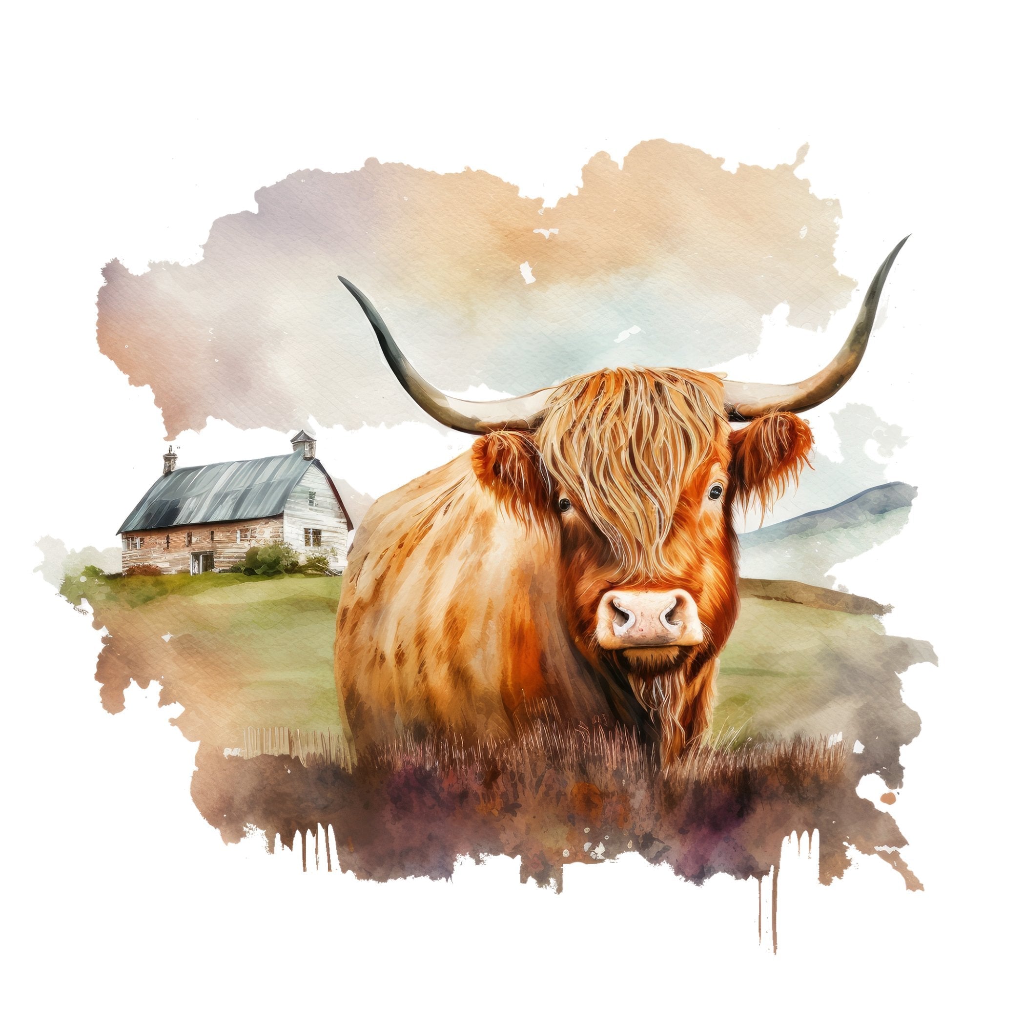 Watercolor Highland Cow Scene #7 Fabric Panel