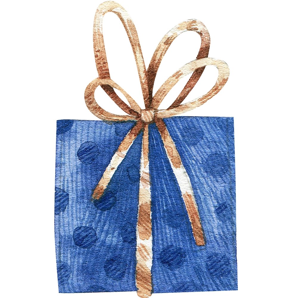 Watercolor Present with Gold Ribbon Fabric Panel - Blue