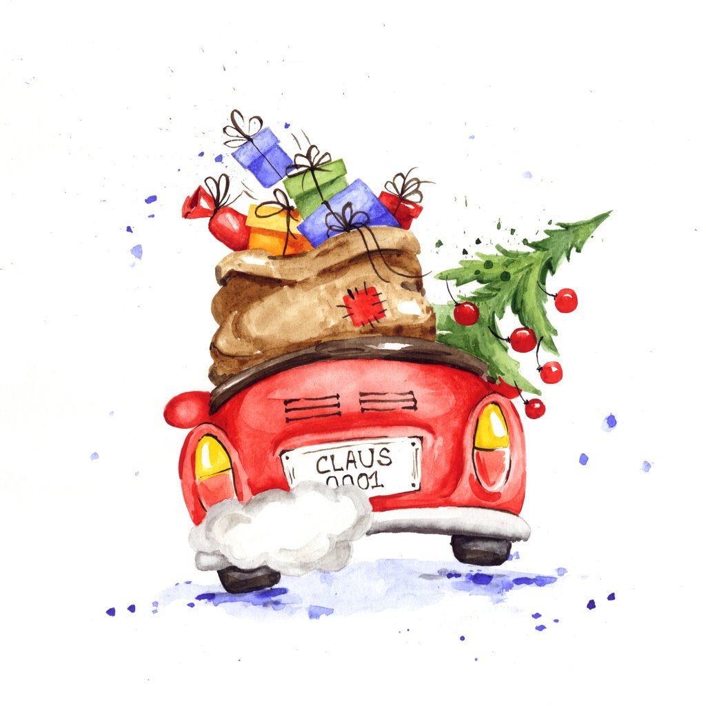 Watercolor Santa's Car Fabric Panel