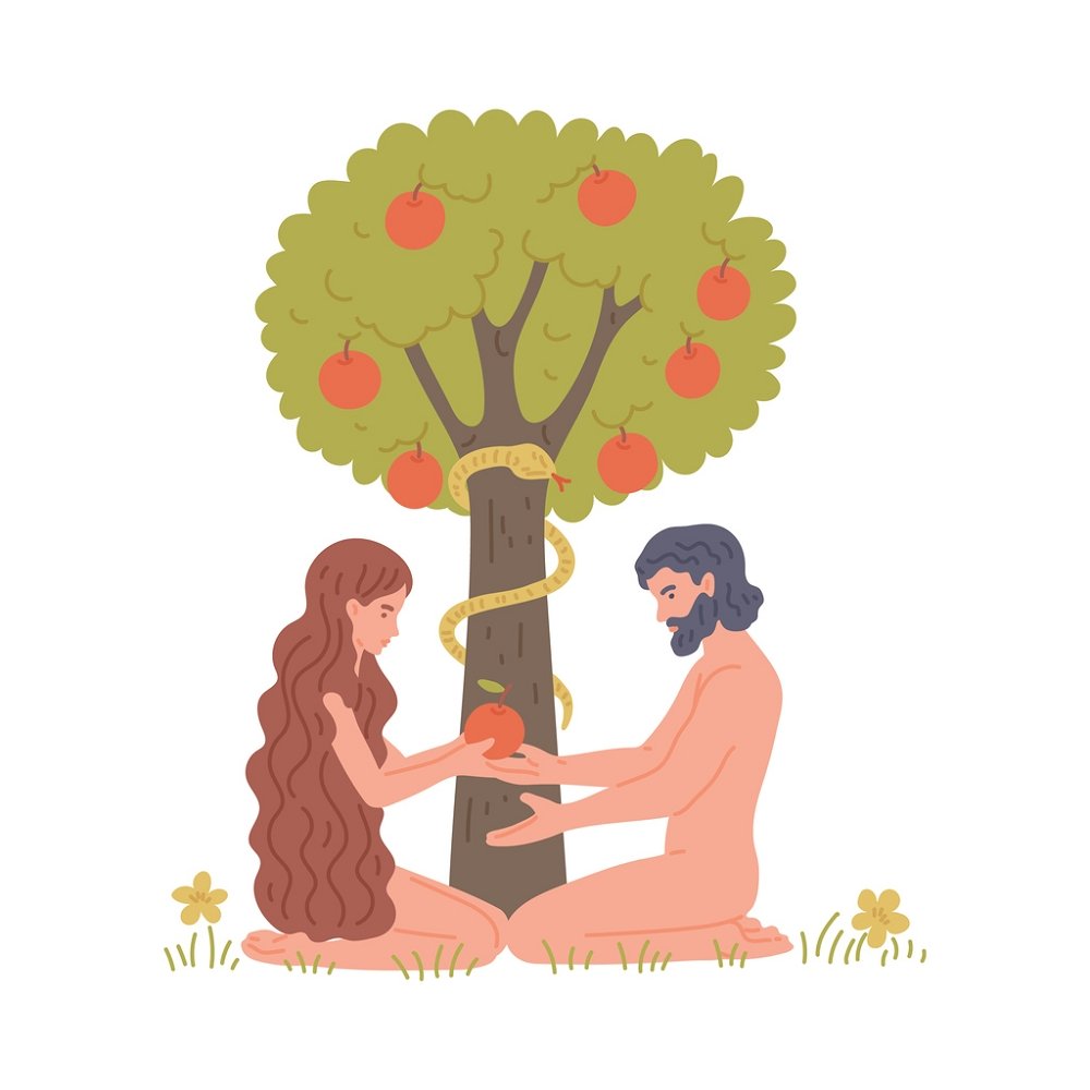 Adam and Eve at the Apple Tree Cartoon Fabric Panel
