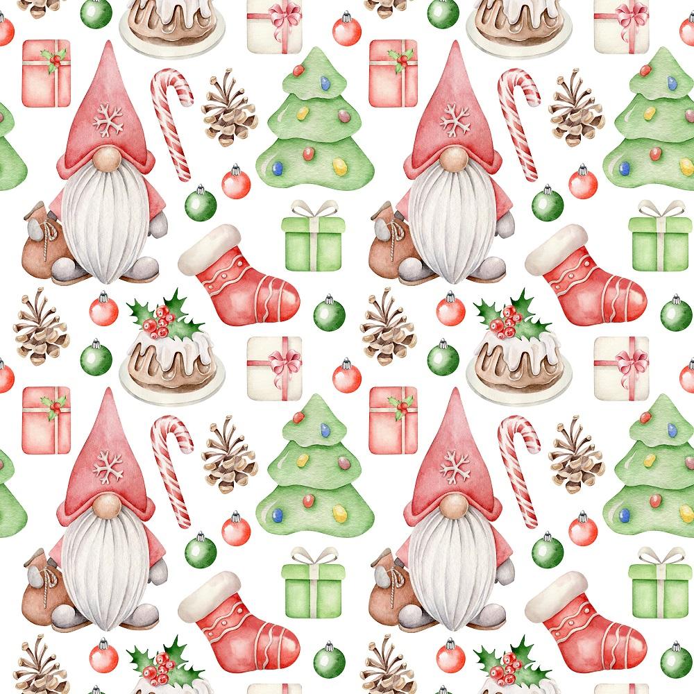 Watercolor Christmas Gnomes Fabric - White