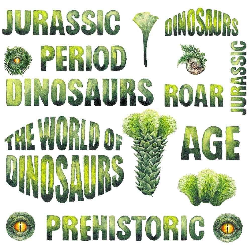 Watercolor Dinosaur Words & Plants Fabric - White