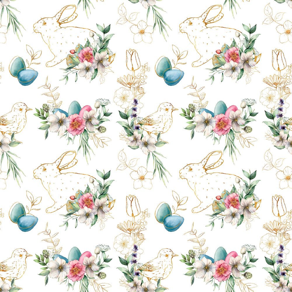 Watercolor Golden Rabbit & Birds Fabric