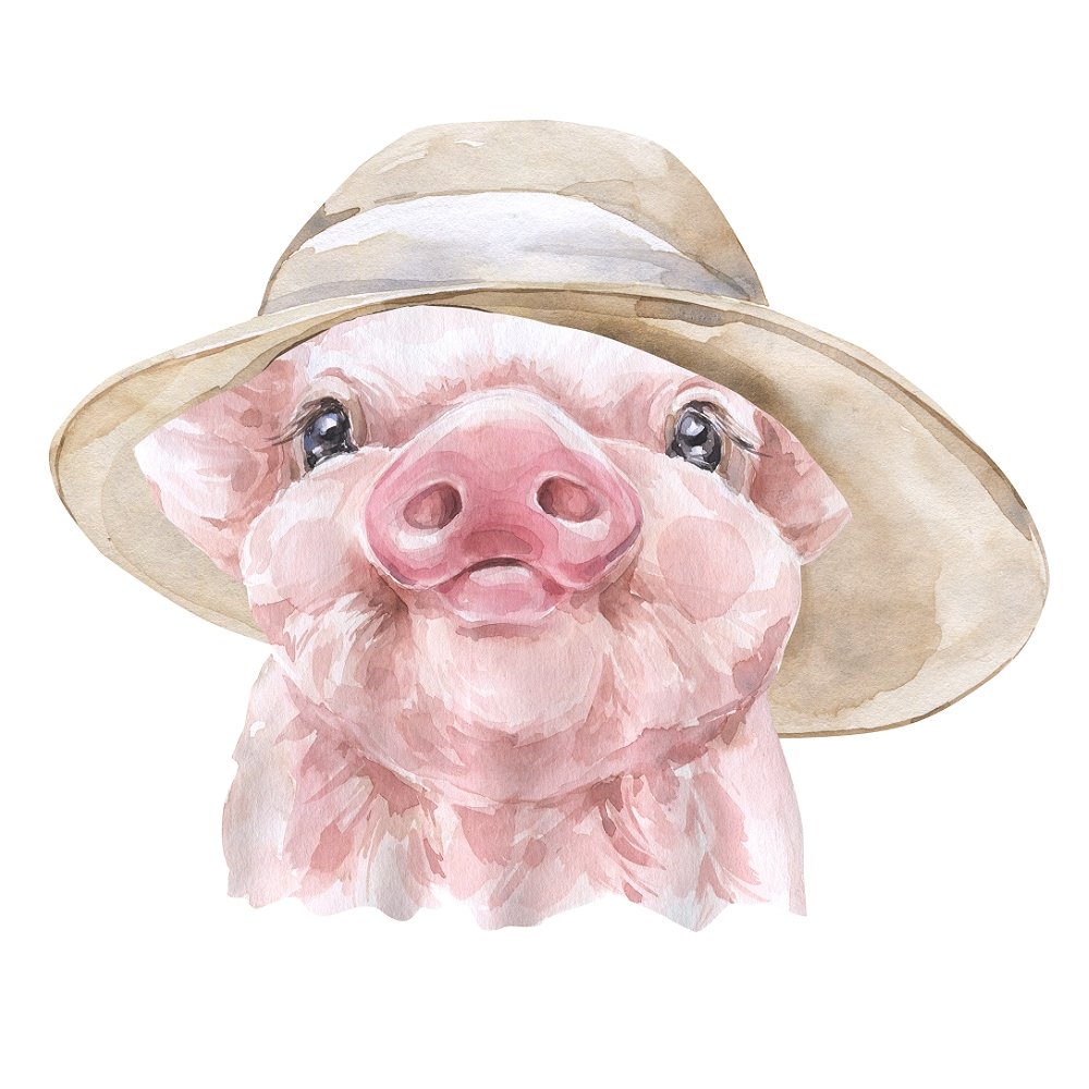 Watercolor Piglet in Hat Fabric Panel