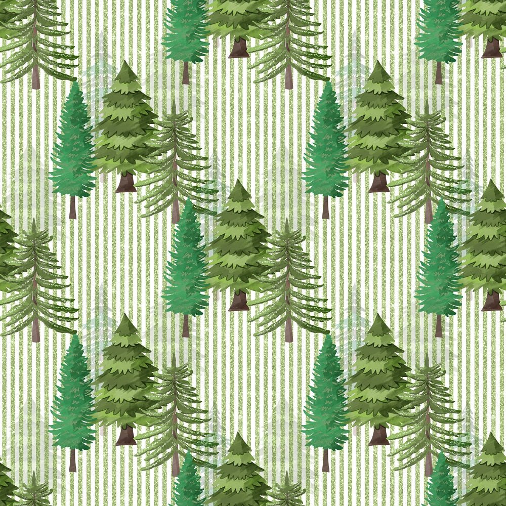 Watercolor Pine Trees on Stripes Fabric - White