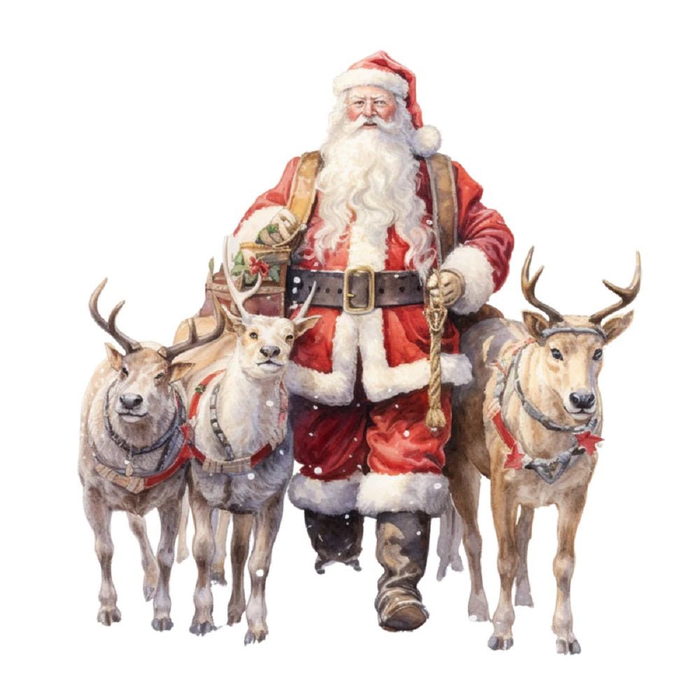 Watercolor Vintage Santa & Reindeer #1 Fabric Panel