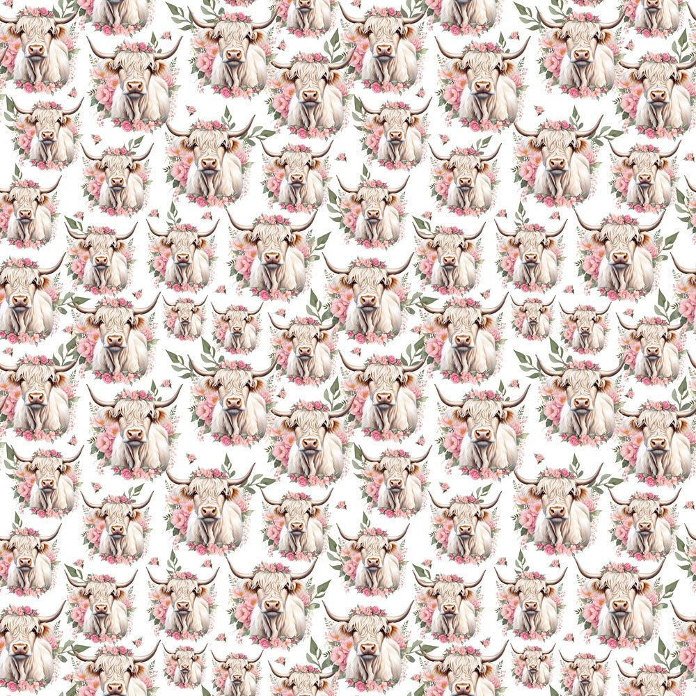 White Highland Cows & Pink Flowers Fabric - White