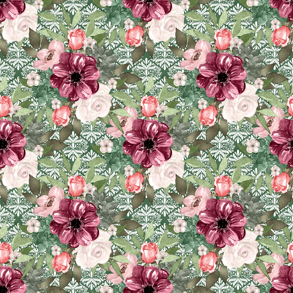 Wildflower Bouquet Themed Adamascado Fabric - Green