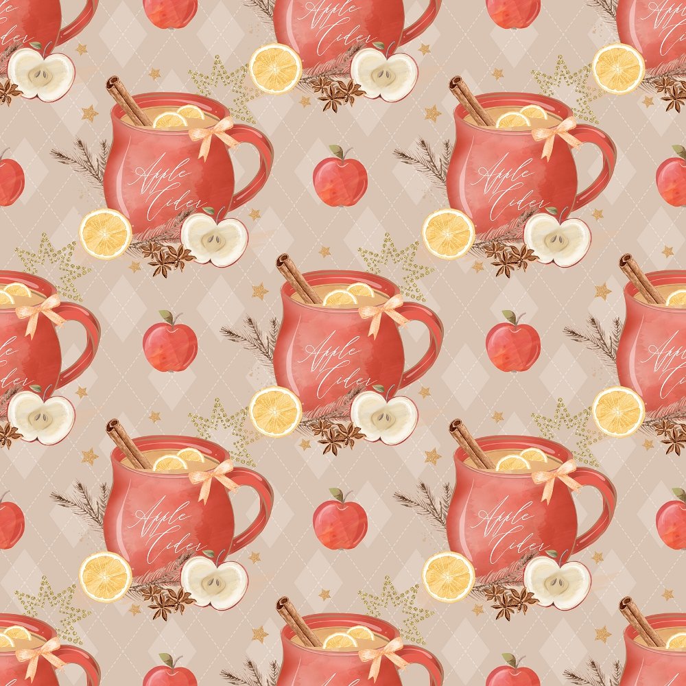 Apple Cider & Apples on Tartan Plaid Fabric - Beige