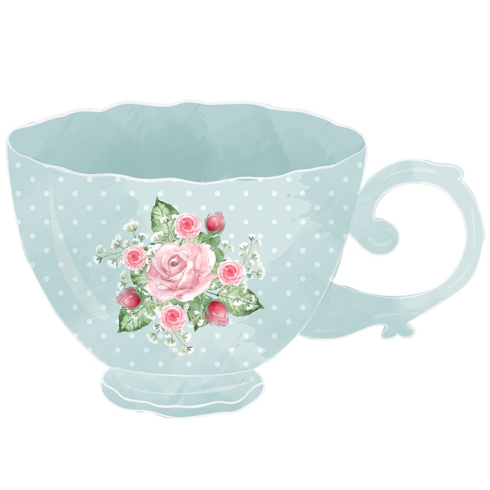 Tea Time Light Blue Floral Cup Fabric Panel