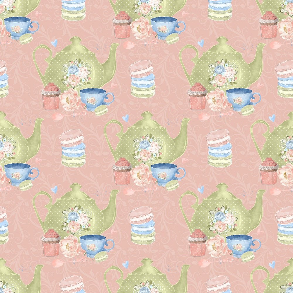 Tea Time Set on Damask Fabric - Pink
