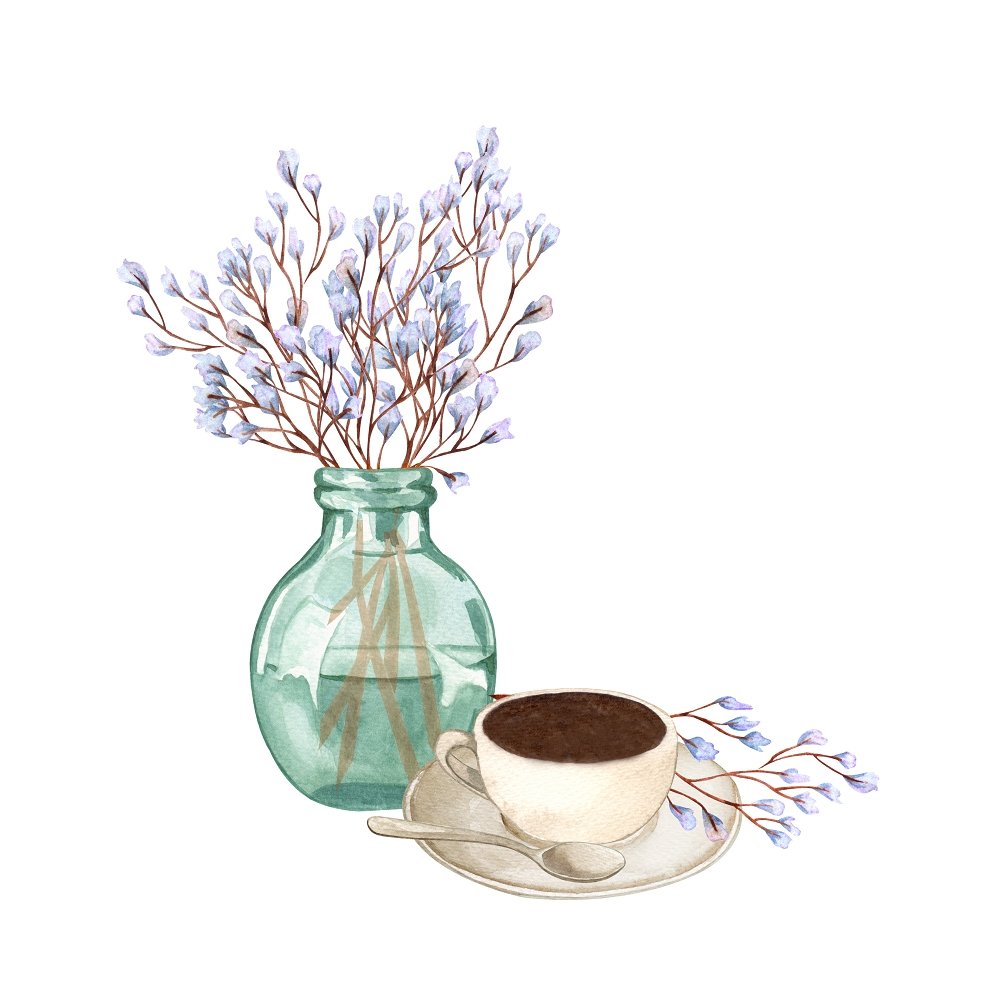 Vintage Floral Vase and Coffee Fabric Panel