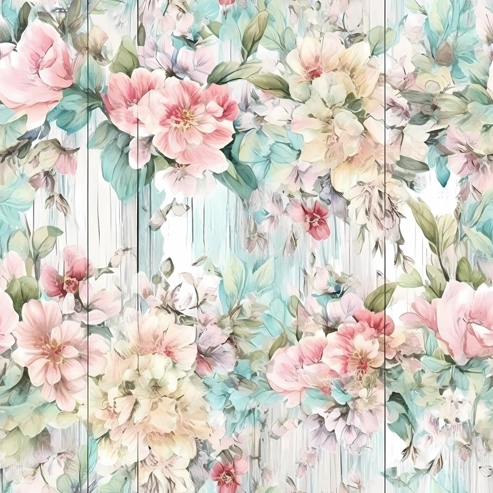 Vintage Florals on Wood Planks #1 Fabric