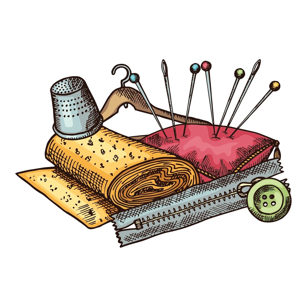 Vintage Sewing Workshop Needles and Thread Fabric Panel