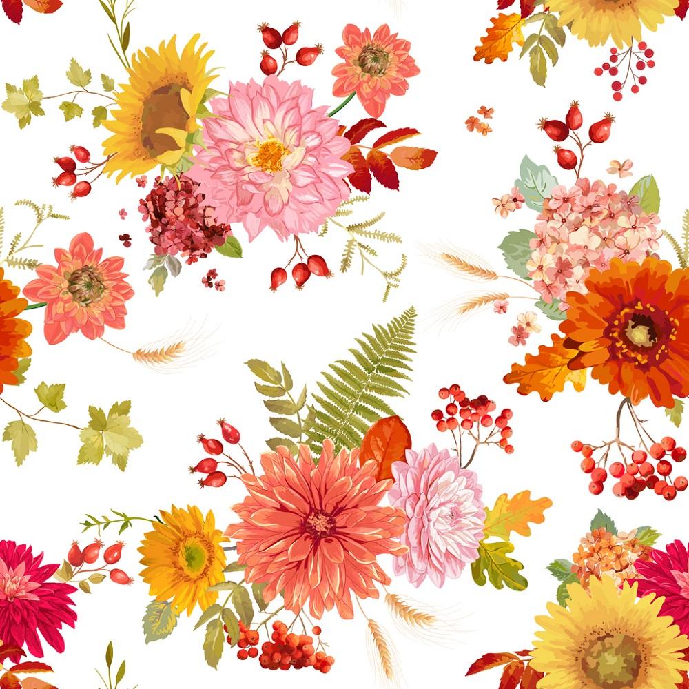 Watercolor Autumn Flowers Fabric - White
