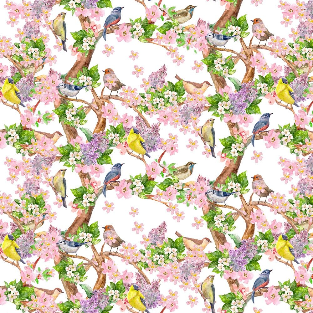 Watercolor Birds and Flying Butterflies Fabric