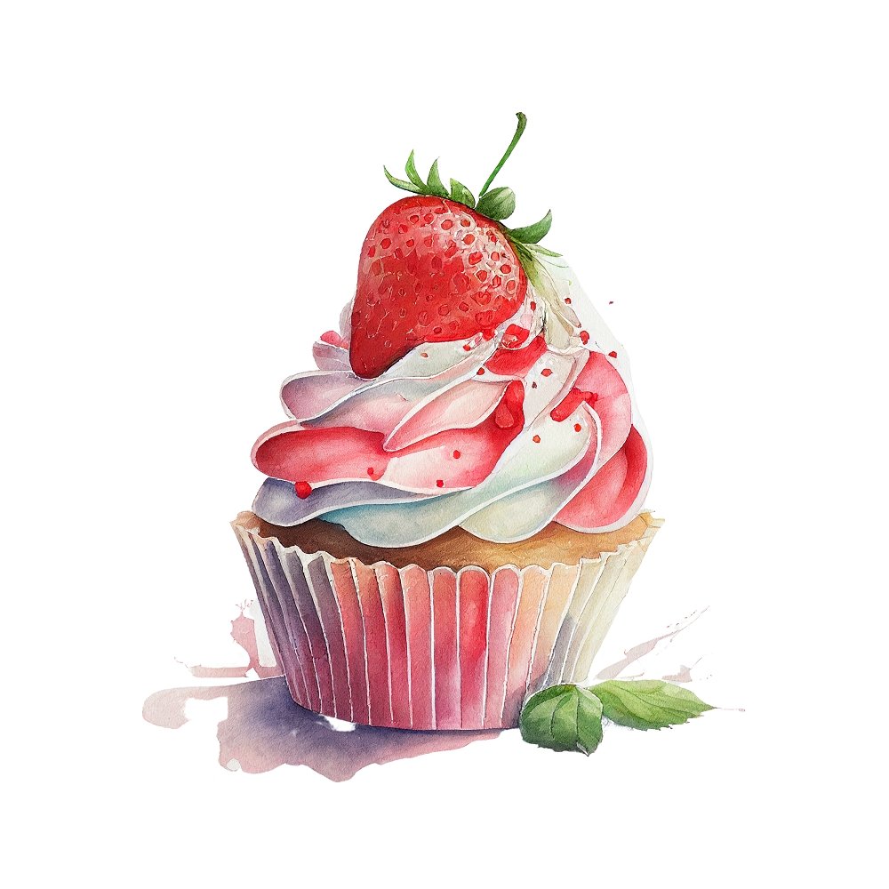 Watercolor Strawberries & Cupcake Fabric Panel