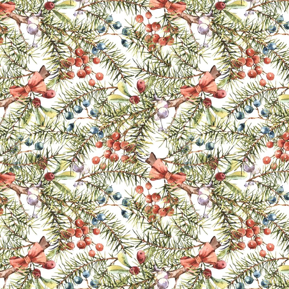 Watercolor Vintage Tree Branches & Berries Fabric - White